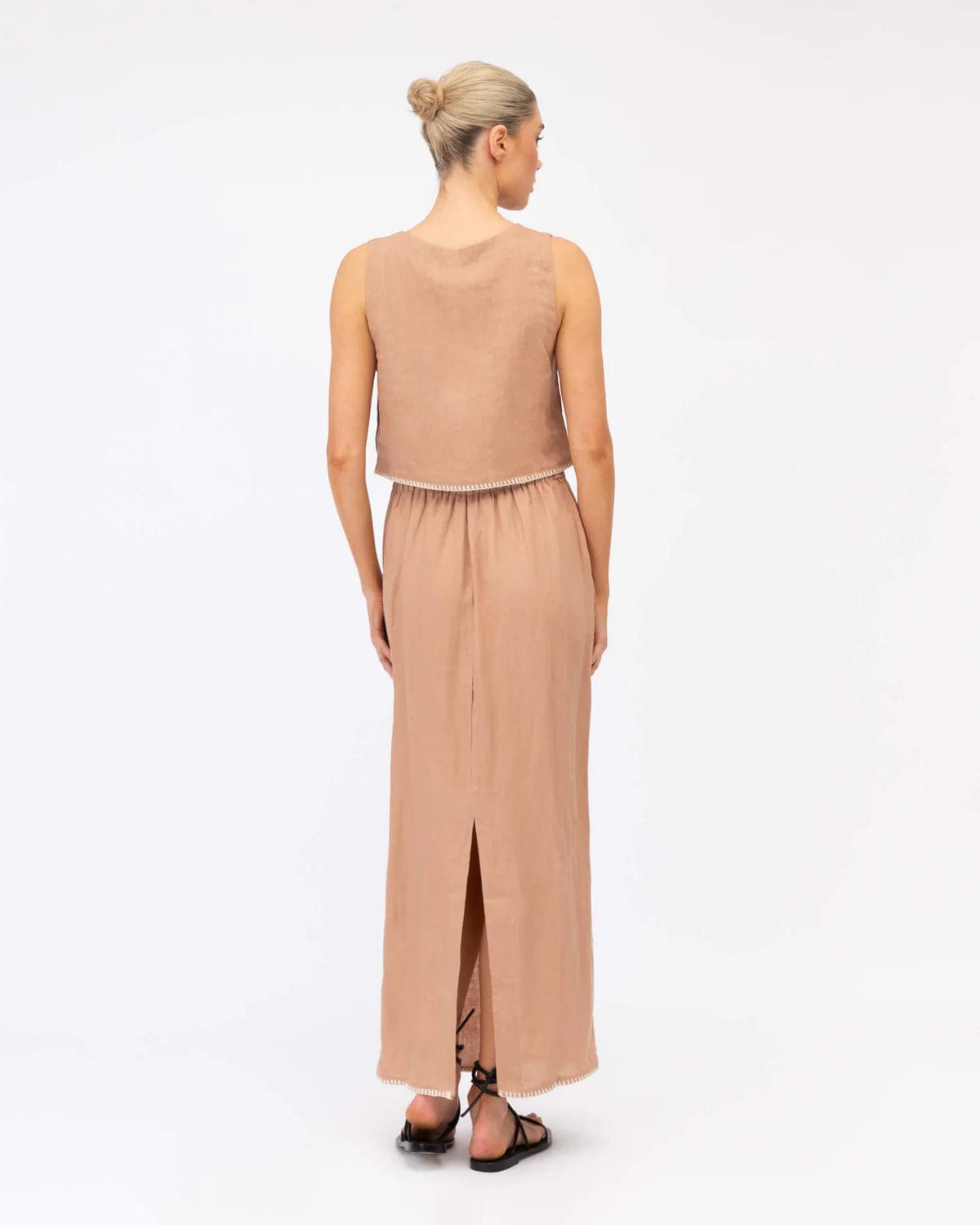 Pipi’s Boutique  Blanket Stitch Linen Skirt - Camel