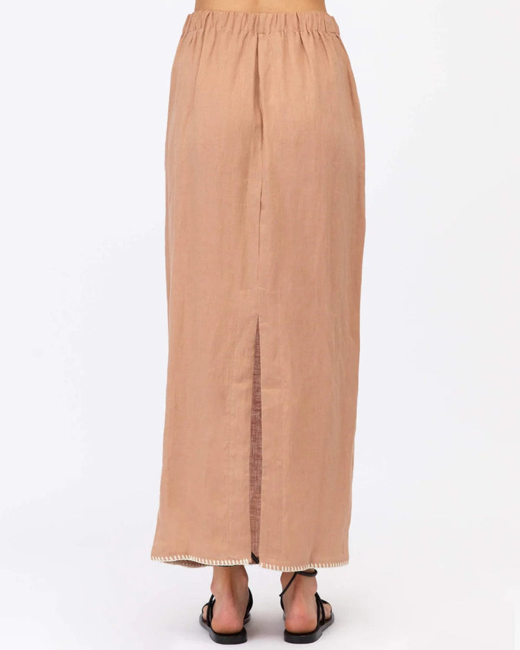 Pipi’s Boutique  Blanket Stitch Linen Skirt - Camel